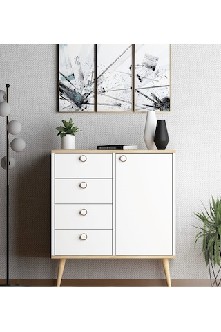 Floradesign Time Şifonyer / Çok Amaçlı Dolap/ Çekmeceli Şifonyer / Kapaklı Şifonyer / 4 Çekmeceli Şifonyer Meşe/beyaz