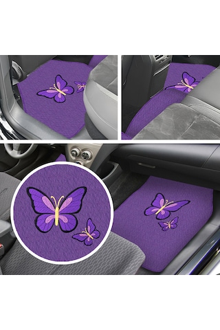 Kelebek Desenli Nakışlı Mor Renk 5 Li Oto Halı Paspas Seti Şık & Dayanıklı Araç İçi Aksesuar