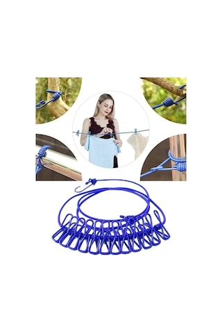 Tineke 12 Mandallı Taşınabilir Elastik Çamaşır İpi 185-380 Cm Ayarlanabilir Kamp, Seyahat Ve Bal Çok Renkli