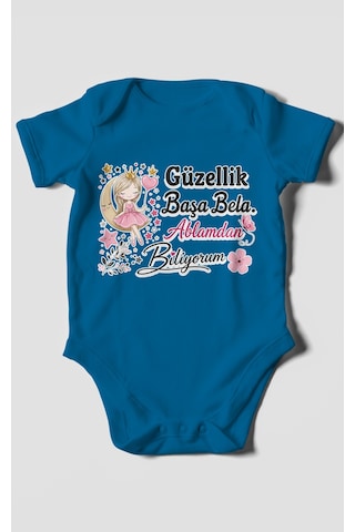 Morivokids Güzellik Başa Bela Ablamdan Biliyorum Kısa Kollu Bebek Body %100 Pamuk Koyu Mavi