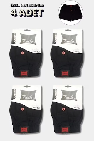 Trendybee Tutku 4 Lü Erkek Boxer Siyah Renk Pamuklu Rahat Önden Düğmeli Siyah Siyah