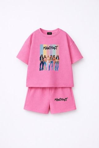 Fasardi Manifest Girls M6nifestgirls Baskılı Oversize %100 Pamuk Tişört Şort 2li Çocuk Takım Pembe