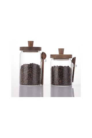 Qerhome 2'li Borosilikat Cam Akasya Kapaklı Ve Akasya Kaşıklı Cam Kavanoz Seti 450 Ml - 550 Ml Şeffaf