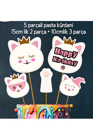 32 Parça Kedi Beyaz Sevimli Kedi Doğum Günü Seti Banner +pasta Kürdanı+ Cupcake Süsü Seti +0