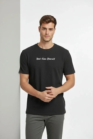 Vexor Erkek Wafıl Kumaş Tişört Regular Kalıp Bisiklet Yaka Baskılı Günlük Basic T-shirt - Siyah