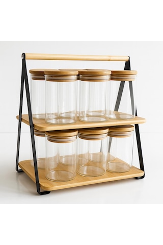 300 Cc Borosilikat 12 Lı Standlı-bambu Kapaklı Baharatlık Seti-7 X 10 Cm Beyaz