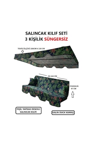 3 Kişilik Lüks Salıncak Kılıf Seti Süngersiz Yaprak Desen Yeşil