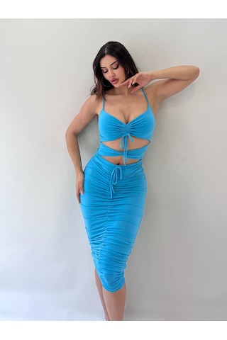 Pink Life Turkuaz Sandy Kumaş Full Likra Kalem Elbise Turkuaz