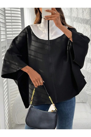 Kadın Panço Fermuarlı Sweat Oversize Kesim, 3 İplik Şardonlu Kumaş Siyah