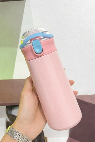 304 Çelik Pembe 500 Ml Kulplu Pipetli Çocuk Matara Suluk Mt241pm Pembe