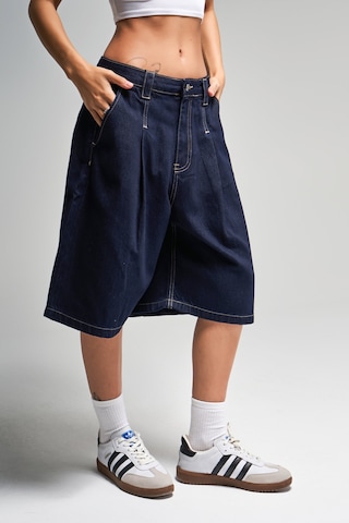 it's basic Kadın İndigo Renk 7s5-50 Skater Fit Maxi Boy Bol Kesim %100 Koton Denim Bermuda Şort