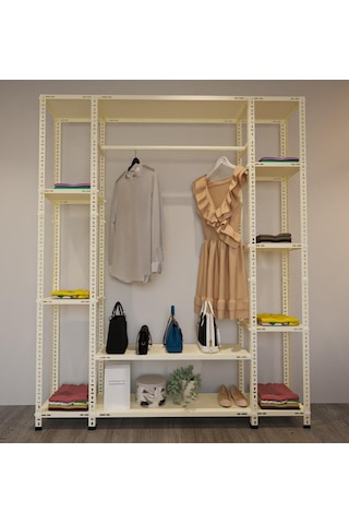 Rafburada® Krem Renk Metal Açık Gardırop 31x155x200 Kırık Beyaz