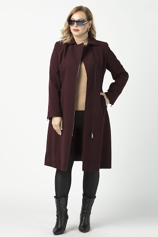 Moda Berray 928 Mürdüm Ön Kol Fermuar Detaylı Büyük Beden Kaşe Kaban Mürdüm
