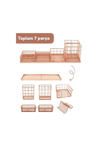 Temel Rose Gold Metal Mesh Modüler Masaüstü Organizer Seti 7 Parça 37x10 Cm 9519