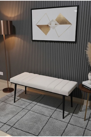 Özcan Metal Siyah Metal Ayaklı Metal Kasalı Bench Mutfak Salon Antre Yatak Odası Balkon Puf Bank Krembeyaz