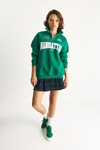 Shade Kadın Nakışlı Yarım Fermuarlı Polo Yaka Şardonlu Oversize Sweatshirt 10002 60283528 - Yeşil