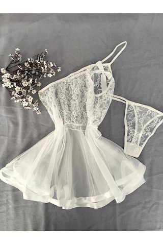 Mh Moony Homewears Hayall Beyaz Seksi Ekstra Mini Gecelik Iç Giyim Seti BEYAZ