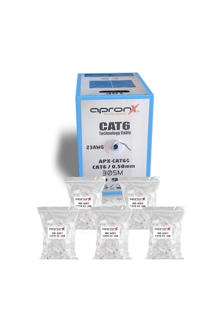 Apronx Cat6 23awg 305 Metre 0,50mm Gri Utp Kablo +500 Adet Ez Jak
