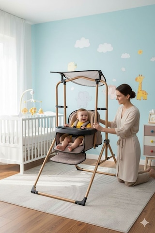 Turhan Bebe Tam Yatarlı Tenteli Mama Tablalı Keten Kumaş Ev Tipi Gold Salıncaklı & Mama Sandalyesi Gold/gri Gold/gri