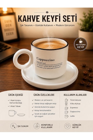 Kulplu Cappuccino Kahve Bardağı Ve Tabak Seti Modern Tasarım Seramik Kahve Kupası Kahve Sunum Seti Beyaz
