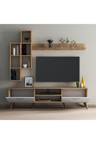 Mega 180 Lik Kitaplıklı Raflı Tv Ünitesi Çam-Beyaz - Tvu0303