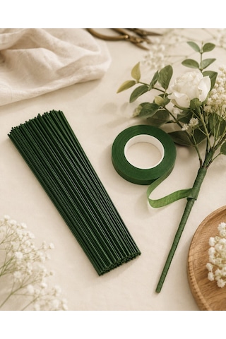 Pvc Plastik Kaplı Yeşil Çiçek Tel Ve Bant Seti, 2 Mm - 30 Cm, 10 Adet Bitki Sabitleme Ve Hobi Teli