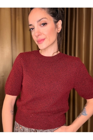 Ali Butik Bordo Pullu Simli Kısa Kol Triko Bordo