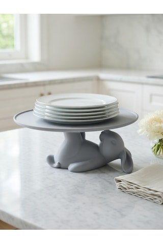 Dekoratif Tavşan Figürlü Tatlı Tabağı Standı Pasta Standı Mutfak Servis Standı 15x15 Şık Hediye Gri