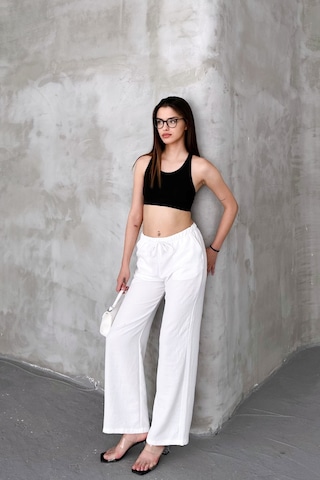HLT Jeans Beyaz Kadın Bel Lastik Detaylı İnce Dökümlü Baggy Keten Pantolon Emily-3021 Beyaz