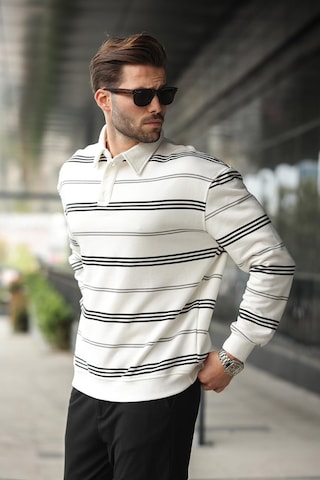 Madmext Ekru Çizgili Polo Yaka Erkek Sweatshirt E7172 Ekru
