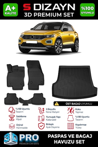 S-dizayn Vw T-roc 3d Pro Havuzlu Paspas Ve Üst Bagaj Havuzu Seti 2'li Set 2019-2021 A+ Kalite