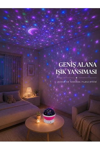Yıldızlı Gökyüzü Projektörü Pembe Renkli Döner Çocuk Odası Gece Lambası Antrasit Melanj
