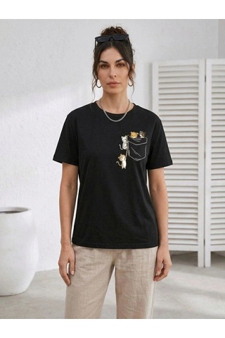 Freedom Storee Kadın Sevimli Kedi Cep Baskılı Tişört Kısa Kol Yazlık T-shirt - Siyah Çok Renkli