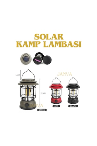 Janva Güneş Panelli Enerjili Nostaljik Dekoratif Ledli Kamp Feneri Lamba Işıldak Usb Şarjlı 18650 Kırmızı