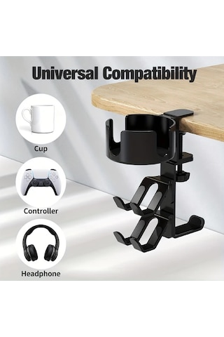 Xuweiwei Kwtoul Siyah Alüminyum Oyun Kumandası Tutucu 3ü 1 Arada Masa Bardak Tutucu 360 Derece Dönüşlü Kulaklık Standı Evrensel Uyumlu Siyah