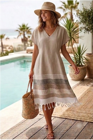 Trendol Fashıon Lıfe Deniz /plaj Elbisesi / Açık Kahve / Kimono /peştemal Krem
