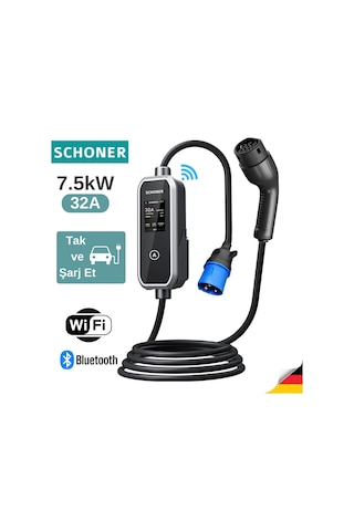 Schoner 7.5kw Taşınabilir Elektrikli Araç Şarj Istasyonu -tak Ve Şarj Et- Wi-fi/bluetooth Smart 5 Metre Tip2 Kabl Genel