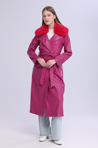 Selectmoda Kadın Peluş Yaka Deri Görünümlü Uzun Kaban Pembe