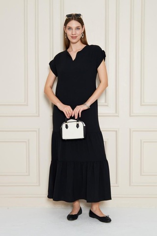 Kadın Uzun Eteği Fırfırlı Kısa Kol Apolet Detaylı Salaş Günlük Rahat Elbise 3761366 Siyah