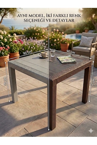 Evko Mobilya Rattan 90x90 Masa, Plastik Masa, Bahçe Balkon Teras Masası, Kare Masa, Dış Mekan Masası Cappuccino