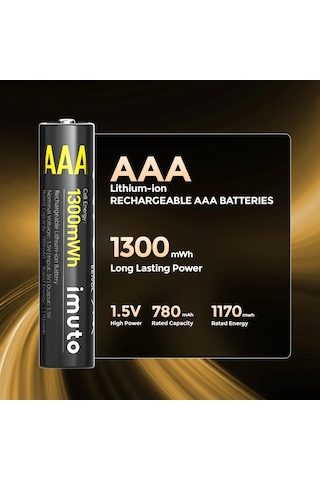 Imuto 1300mwh Aaa Şarj Edilebilir Lityum Pil 4 Lü Paket