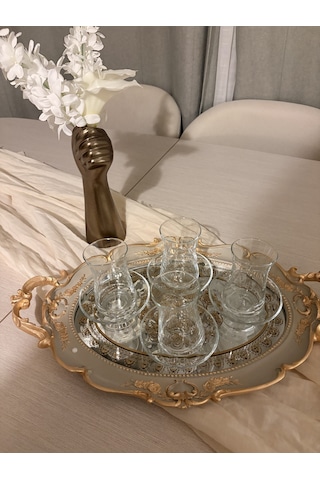 Oval Aynalı Kulplu Dekoratif Tepsi Vizon & Altın Varaklı 48x29 Cm
