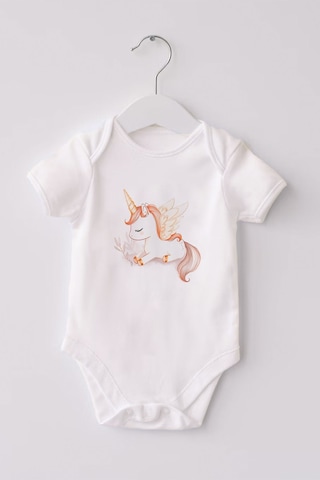 Lilabio %100 Organik Pamuk 3'lü Baskılı Kısa Kollu Bebek Body Unicorn Beyaz