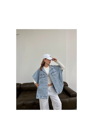 Kene Jeans Kadın Buz Kar Panço Oversize Kot Yelek Mavi