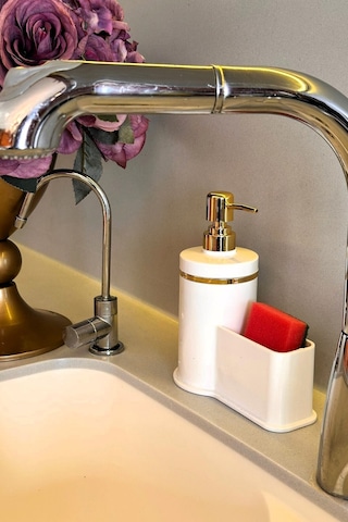 Makri Home Mutfak Veya Banyo İçin Şık Altın Rengi Detaylı Süngerlikli Sıvı Sabunluk , Yerli Üretim Beyaz