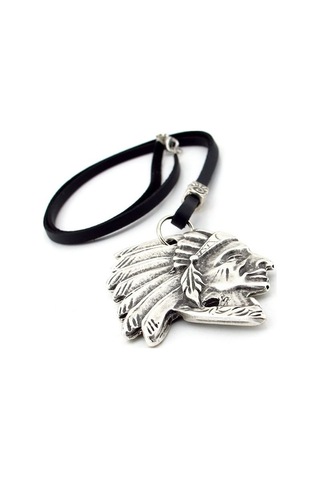 Solfera Kızılderili Şef Ulu Manitu Siyah Deri Metal Erkek Kolye Q0593 Beyaz