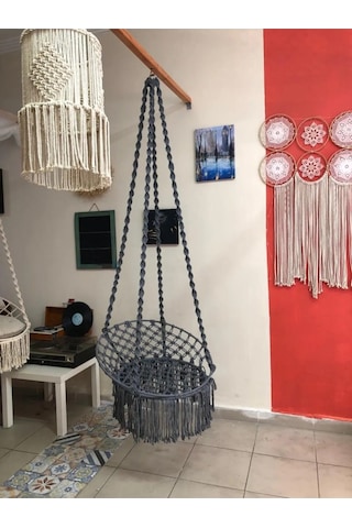 Aslanbutik Makrome Özel Örgü Burgu Halatlı Gri Salıncak Hamak Gri