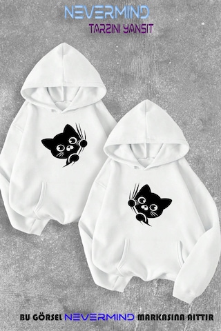 Nevermind Sevgili Çift Kombini Sevimli Cat Ön Baskılı Kapüşonlu Sweatshirt Beyaz