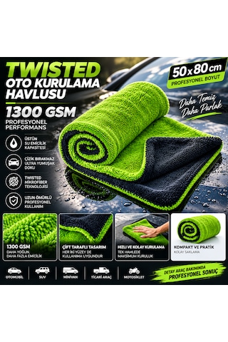 Aracımtemiz Twisted Oto Kurulama Havlusu 1300 Gsm 50 80cm Yeşil-antrasit