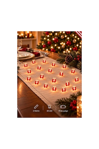 Yılbaşı Hediye Paketi Figürlü Led Işık 2 Metre Pilli Süsleme Ledi 20 Led Oda Masa Ağaç Dekoratif Süs